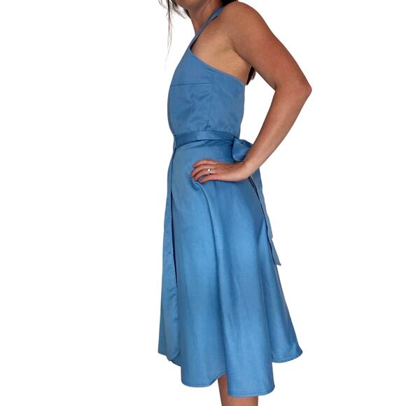 Vintage 1970s Wrap Dress Ellen Tracy Bonwit Teller Blue Cotton Fit & Flare - Picture 6 of 13